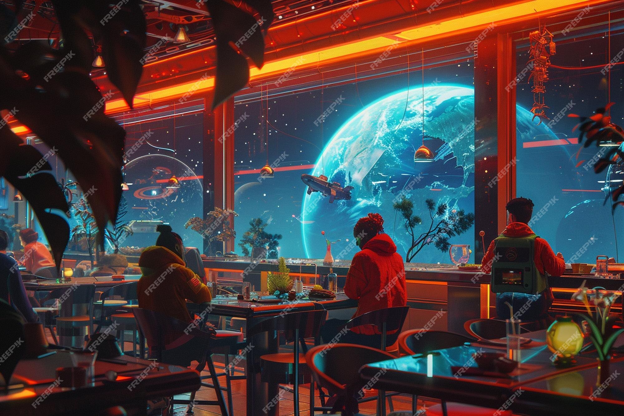 Premium Photo | Space station cafe with patrons from different pla