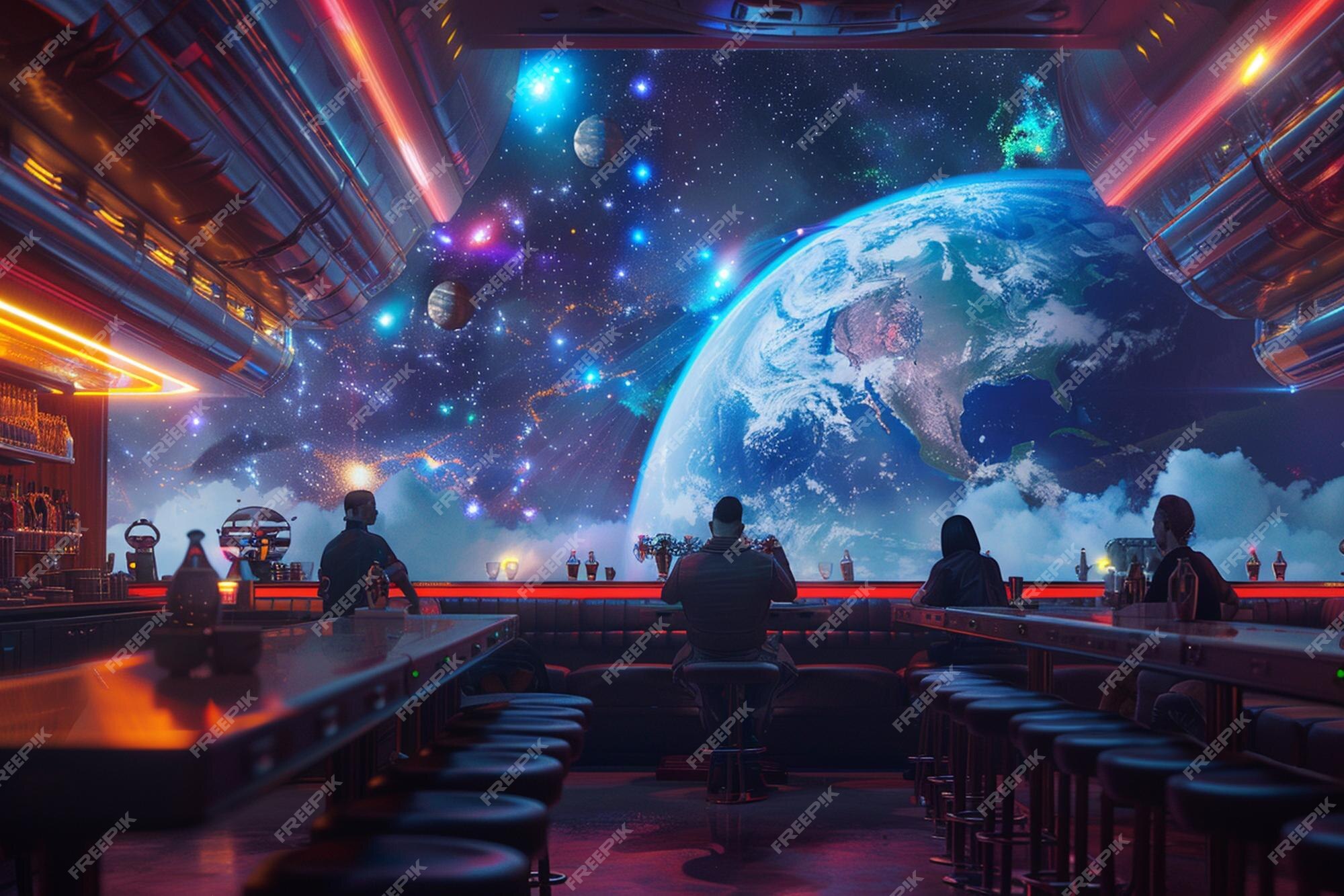 Premium Photo | Space station cafe with patrons from different pla