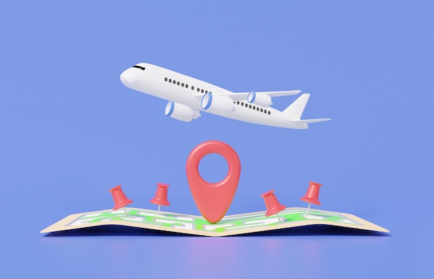 Travel navigation concept flight airplane delivery mark pin\
pointer and map location search gps paper map banner transport\
logistic on pastel background 3d render illustration