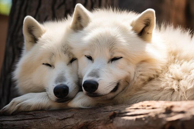 Premium AI Image | two white wolfs are laying on a log