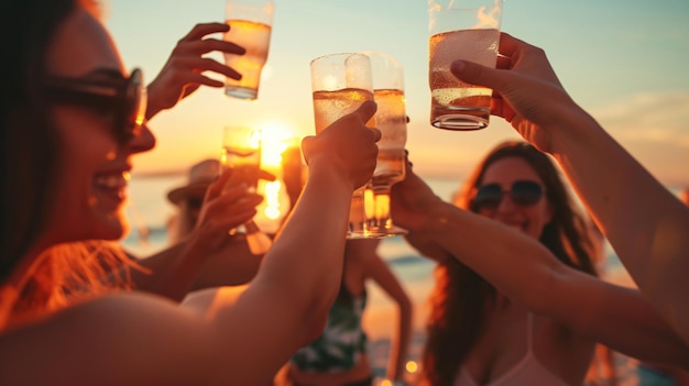 Premium Photo | A vibrant group of friends raise their glasses in a ...