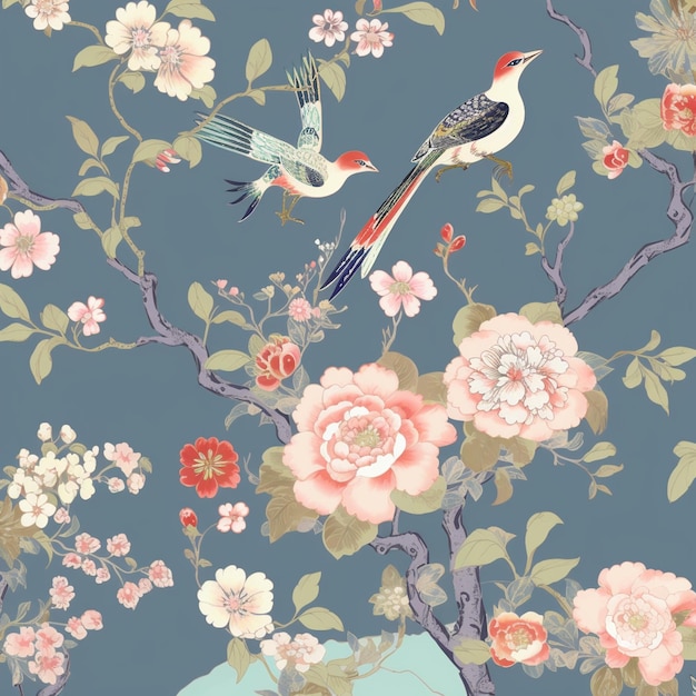 Premium Photo | A wallpaper with birds on it and a pink flower in the ...