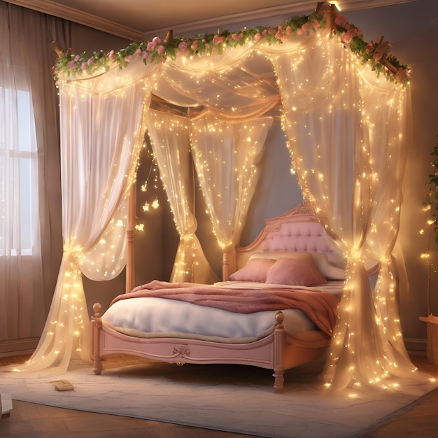 Premium Photo | A whimsical fairy tale bedroom with a canopy bed draped ...