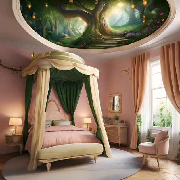 Premium Photo | Whimsical fairy tale bedroom with a canopy bed and ...