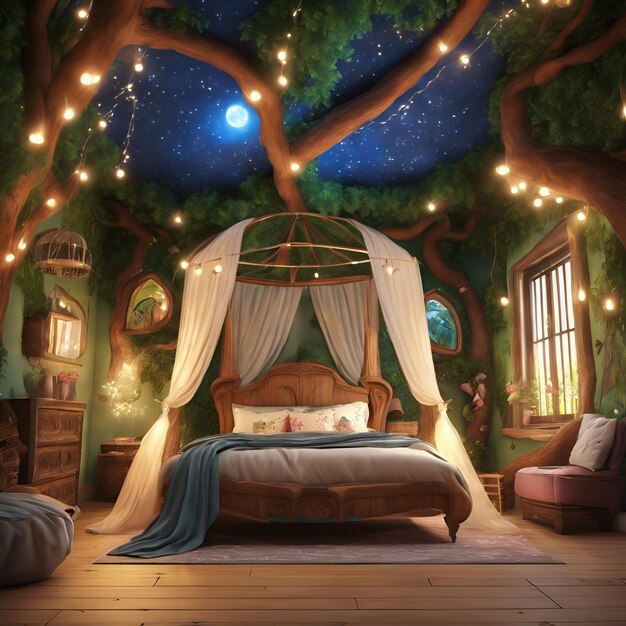 A whimsical fairy tale bedroom with a canopy bed twinkling string ...