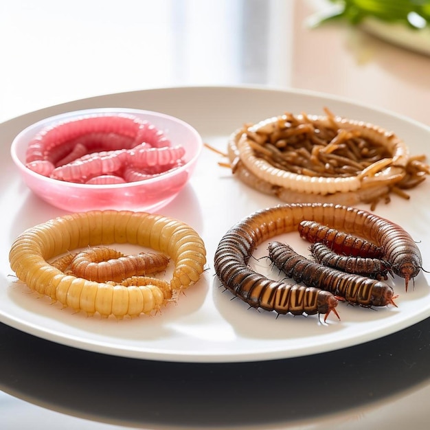 Premium AI Image | a white plate topped with different types of worms