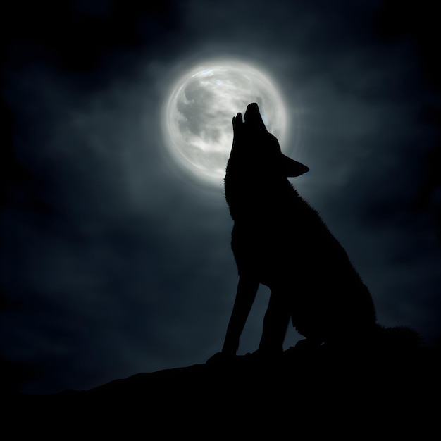 Premium AI Image | a wolf is sitting on a rock with the moon behind it.