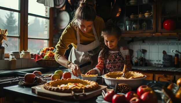 Premium Photo | A woman and a child are making pies in a kitchen