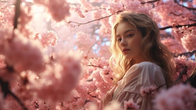 Premium Photo | Woman Standing in Front of Tree With Pink Flowers image.