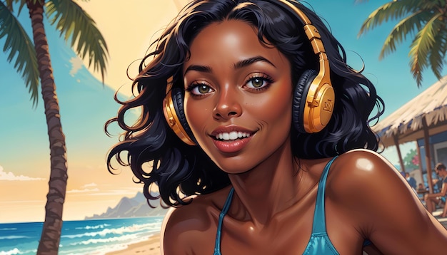 Woman wear bikini dark skin dj on the beach graphic illustration comic ...