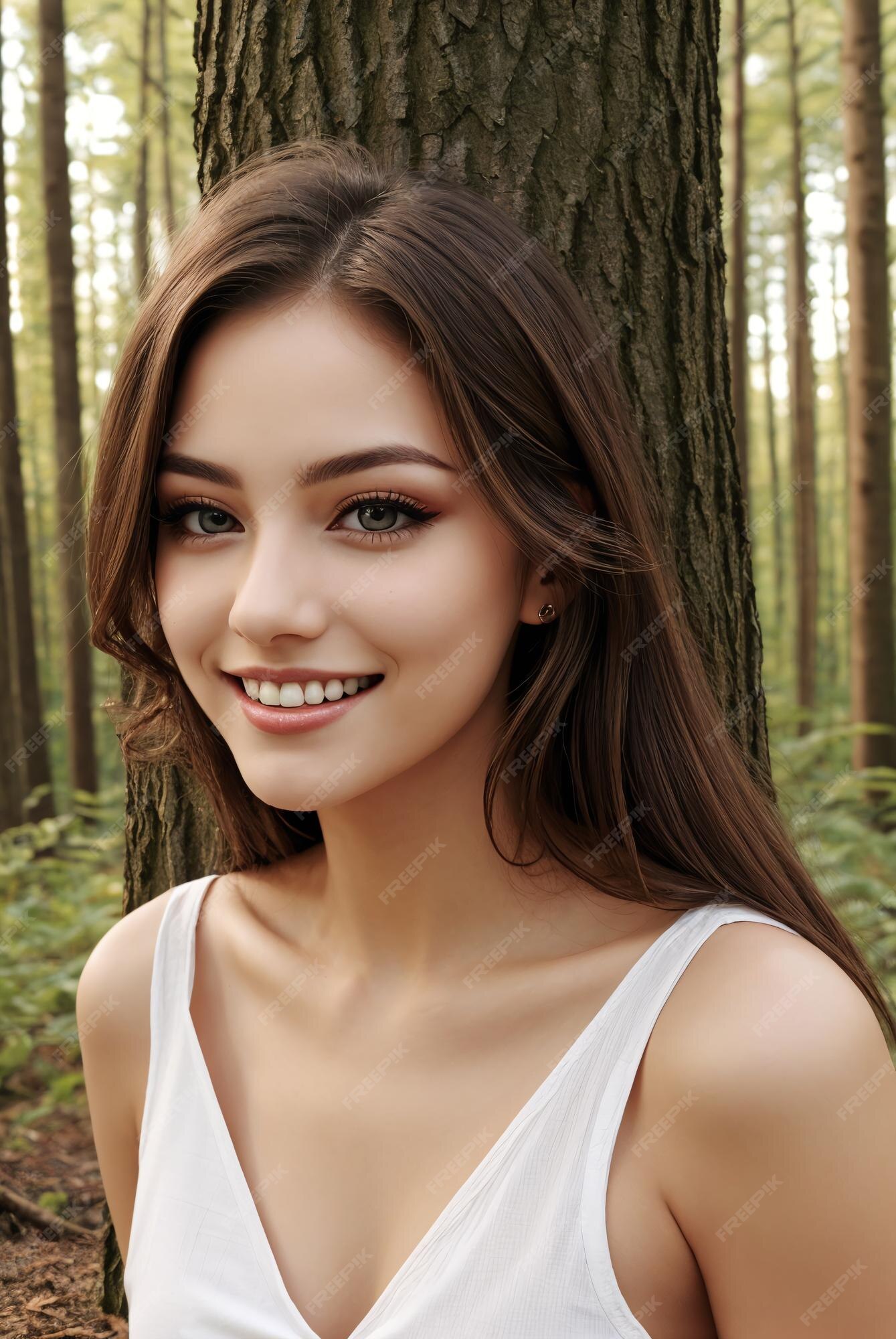 Premium Photo | A woman in a white top standing in front of a tree in a ...