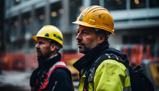 Premium AI Image | Workers wearing helmets at the construction site