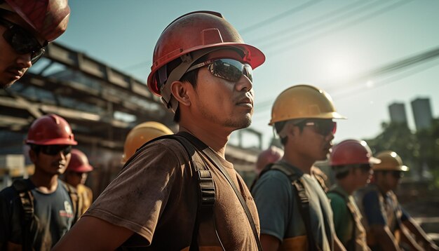 Premium AI Image | Workers wearing helmets at the construction site