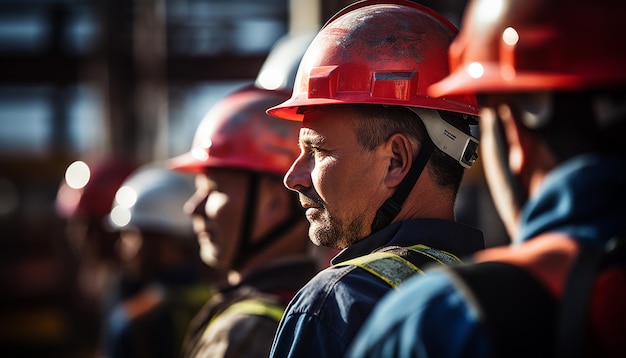 Premium AI Image | Workers wearing helmets at the construction site