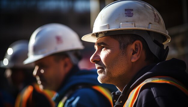 Premium AI Image | Workers wearing helmets at the construction site