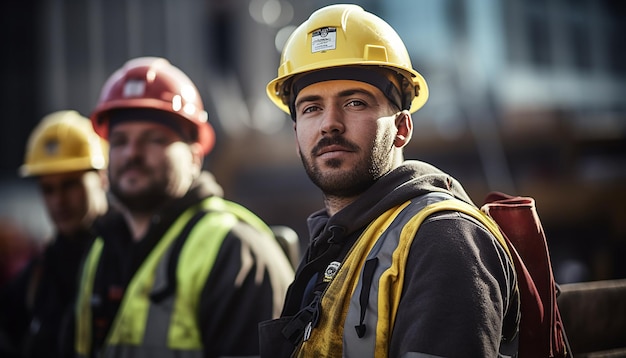 Premium AI Image | Workers wearing helmets at the construction site