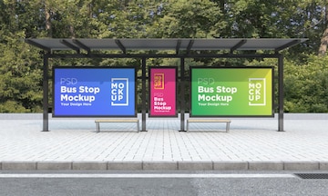 Premium PSD | Bus stop bus shelter three signs mockup 3d rendering