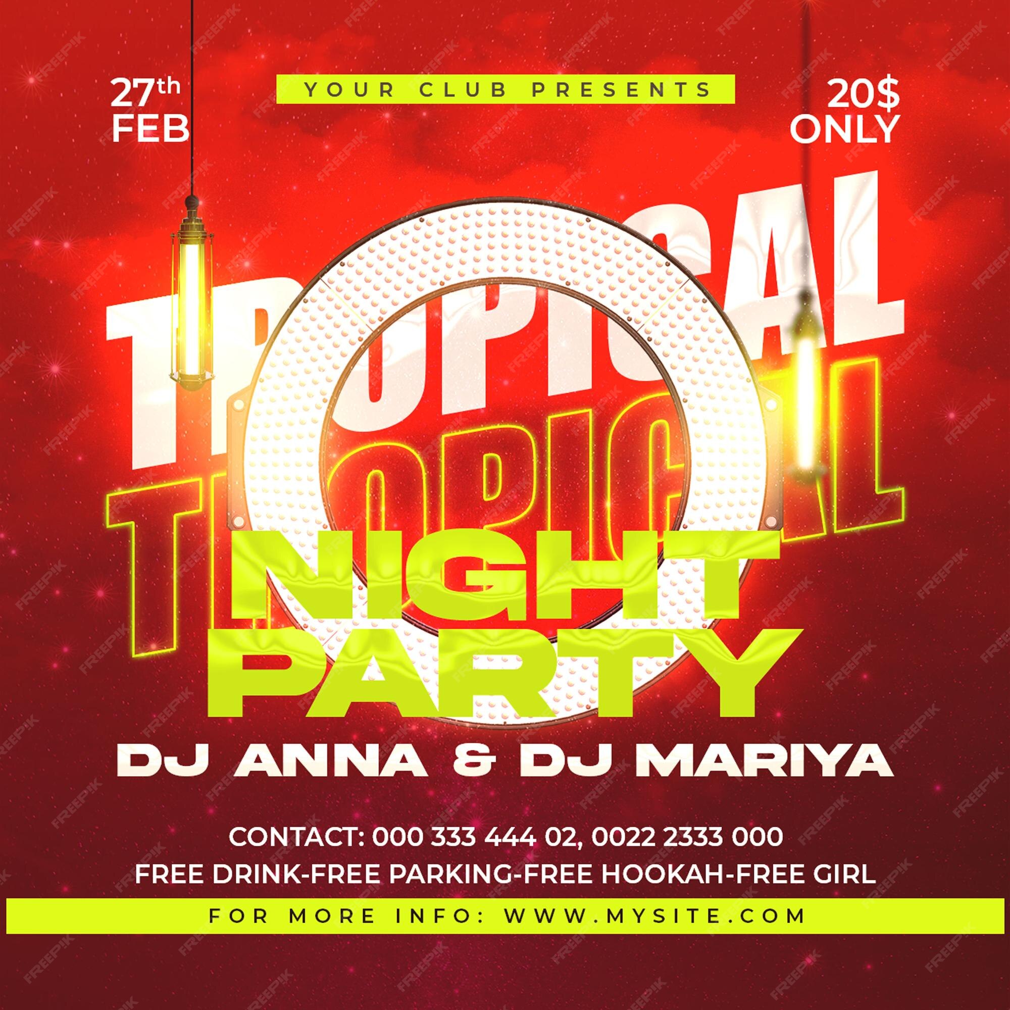 Premium PSD | A poster for a night party with a red background and a ...