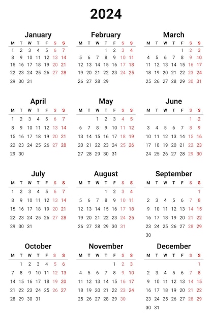 Premium Vector | 2024 english calendar vertical Week starts monday ...