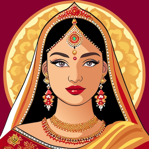 Premium Vector | Beautiful indian bride saree portrait hand drawn ...