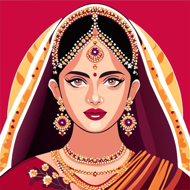 Premium Vector | Beautiful indian bride saree portrait hand drawn ...