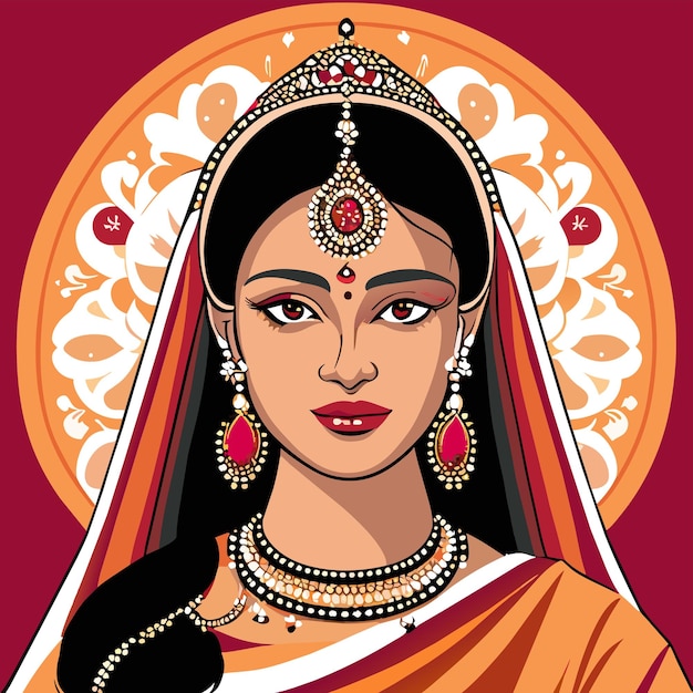 Premium Vector | Beautiful indian bride saree portrait hand drawn ...