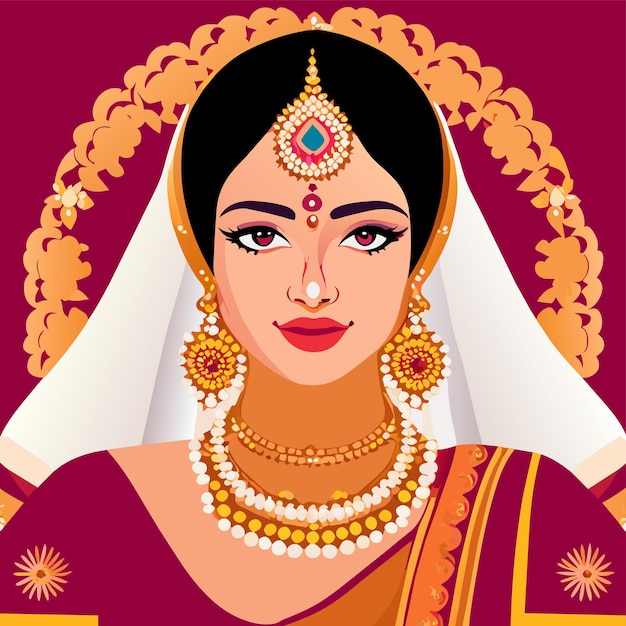 Premium Vector | Beautiful indian bride saree portrait hand drawn ...