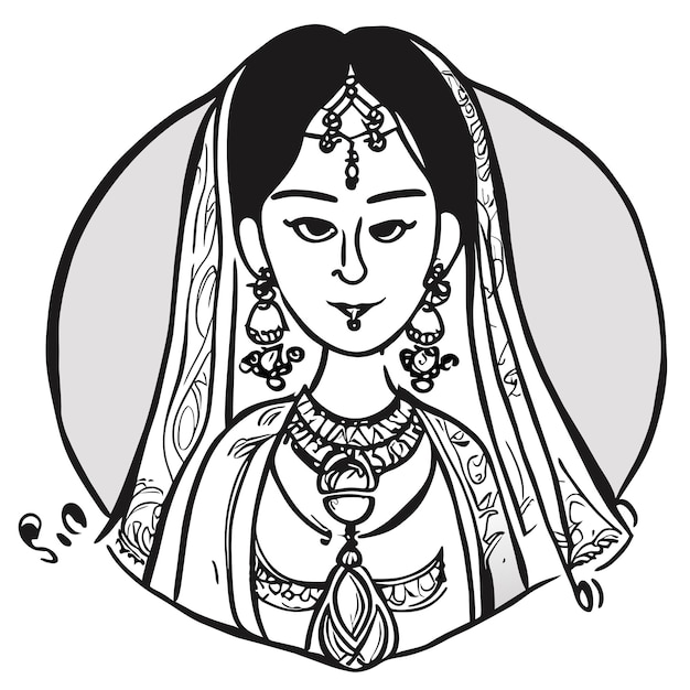 Premium Vector | Beautiful indian bride saree portrait hand drawn ...