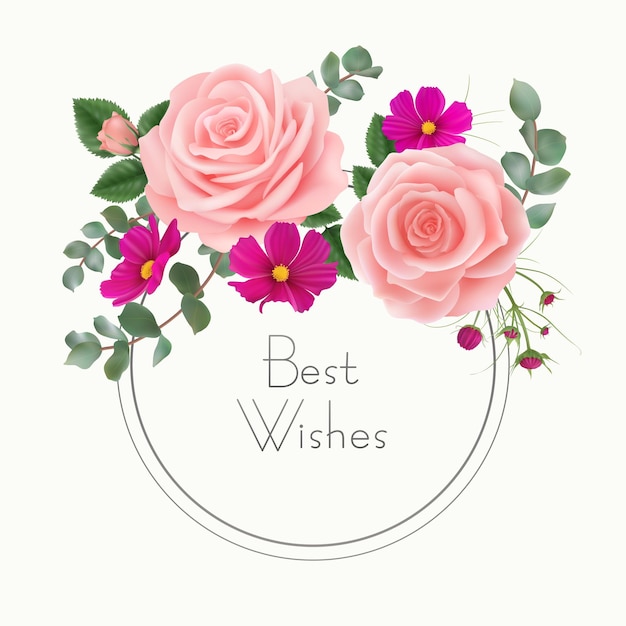 Premium Vector | Best Wishes Floral Greeting Card With Pink Roses Purple  Cosmos Flowers Eucalypt Leaves