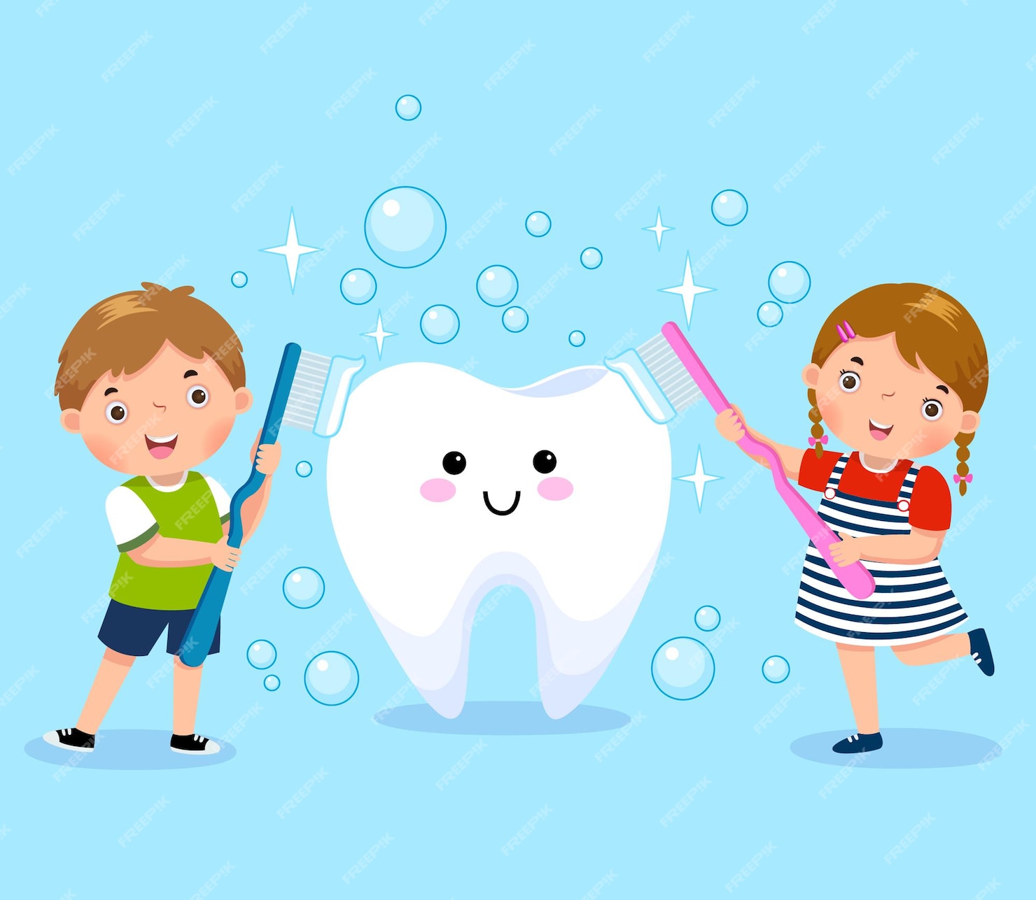 Premium Vector | Boy and girl brushing white tooth