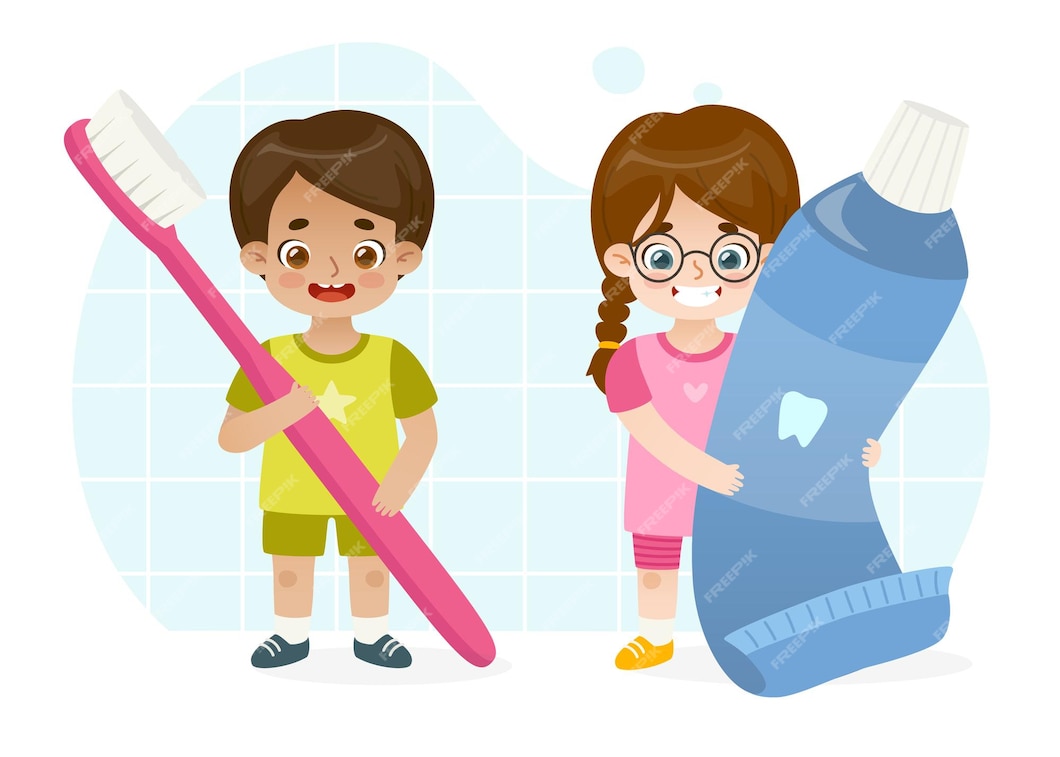 Premium Vector | Cartoon kids with big toothbrush and tooth paste ...