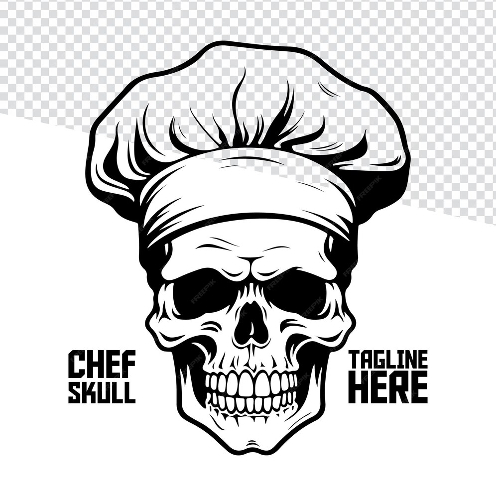 Premium Vector | Chef skull hat vector handdrawn skeleton face logo ...