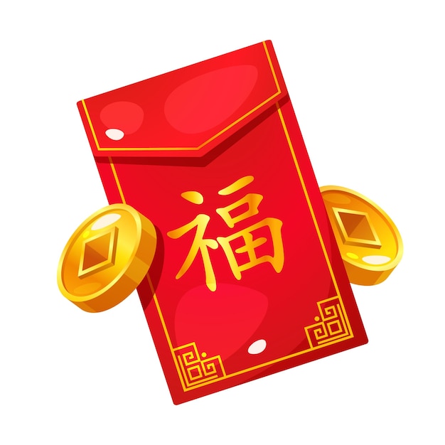 Premium Vector | Chinese hongbao red envelope with coins