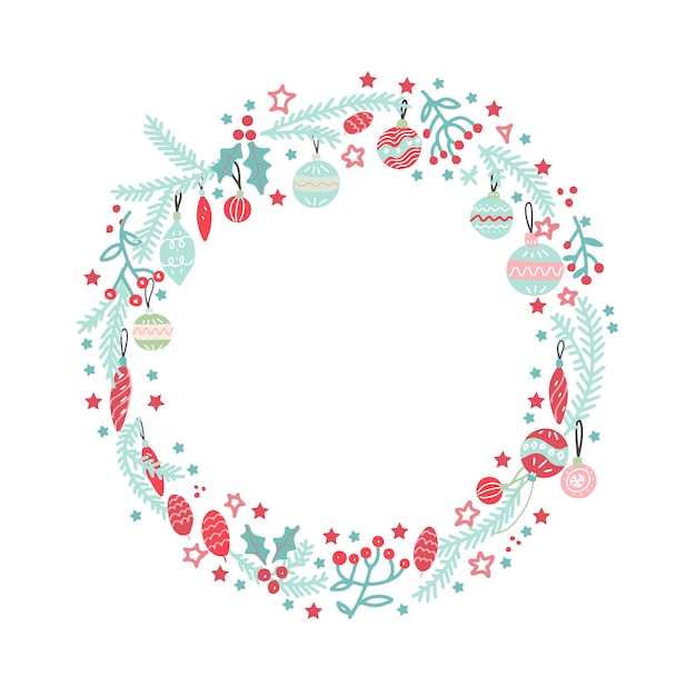 Premium Vector | Christmas wreath with balls, berries, branches and ...