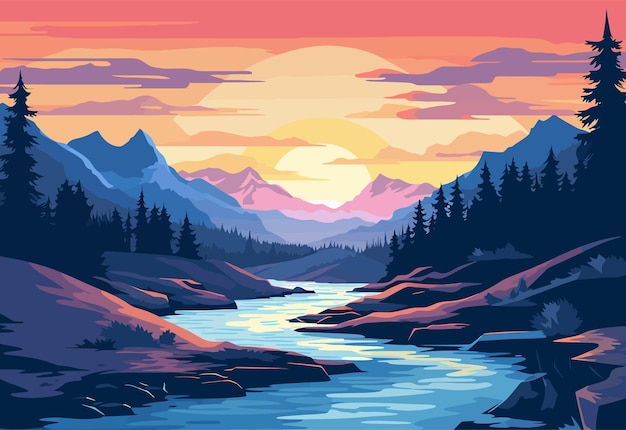 Premium Vector | Colorful nature land space adventure sunset background