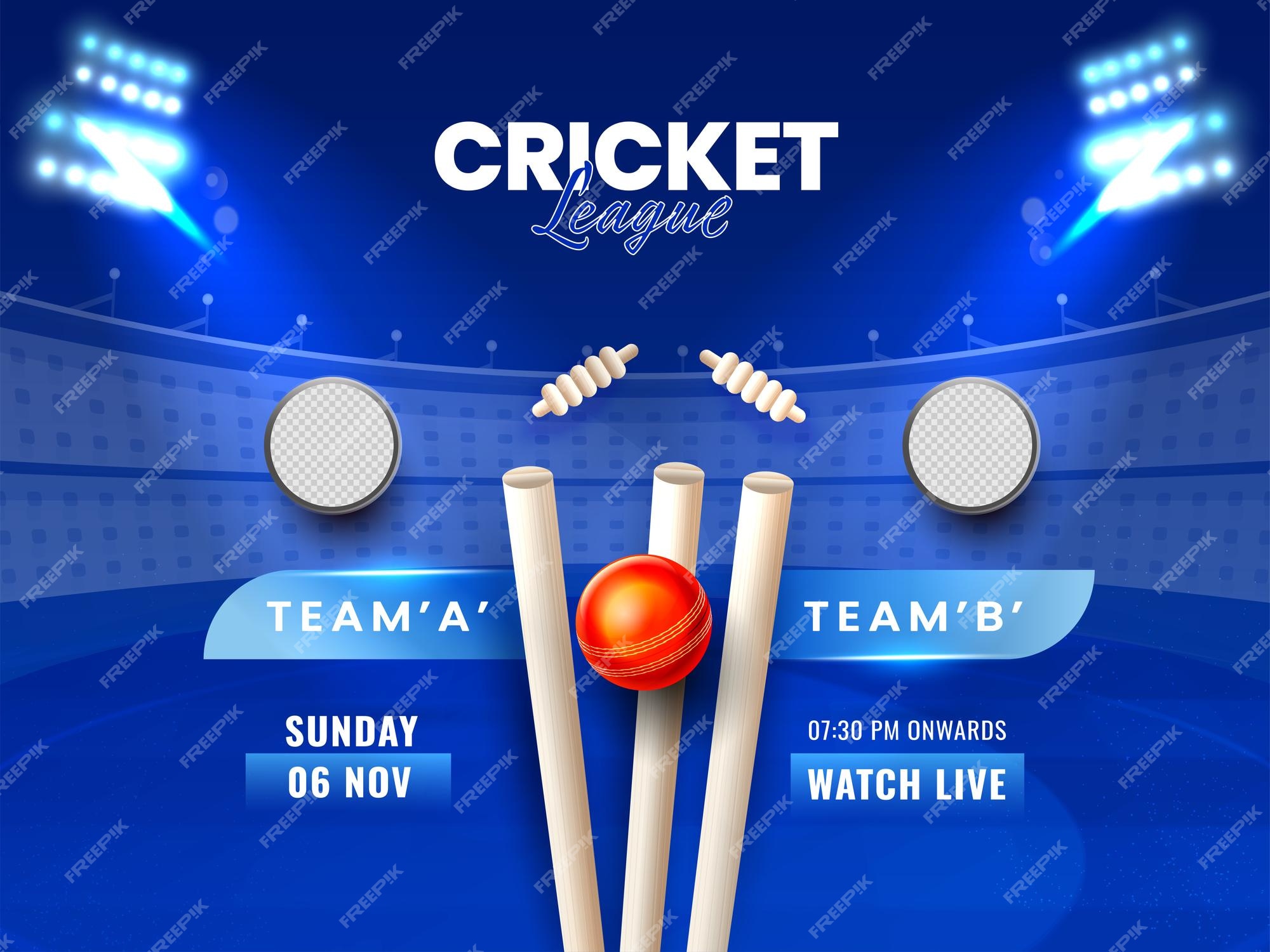 Premium Vector | Cricket match between team a vs b with empty round badge  or frame and realistic red ball hitting wicket stump on blue stadium  background