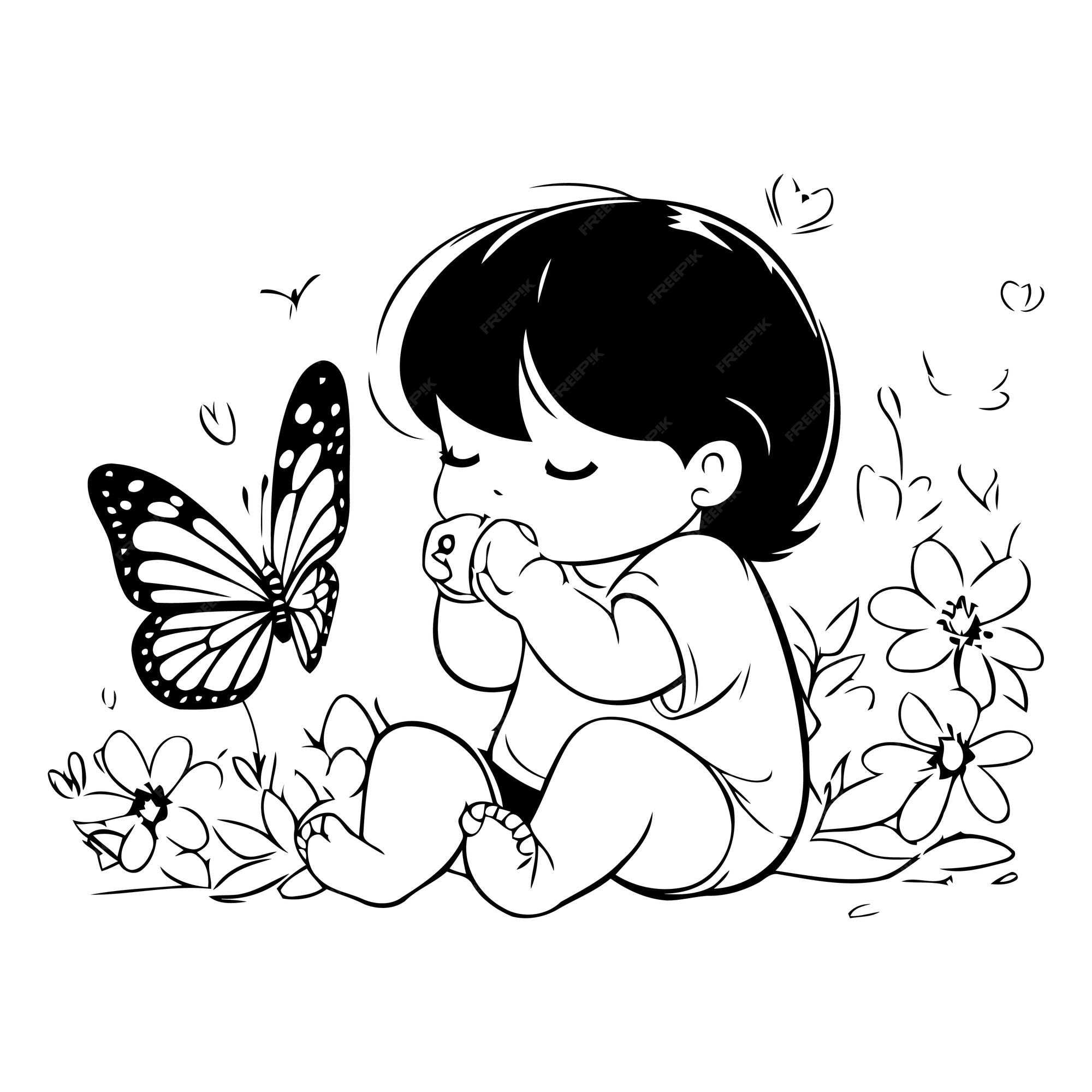 Premium Vector | Cute little baby girl sitting on the grass with ...