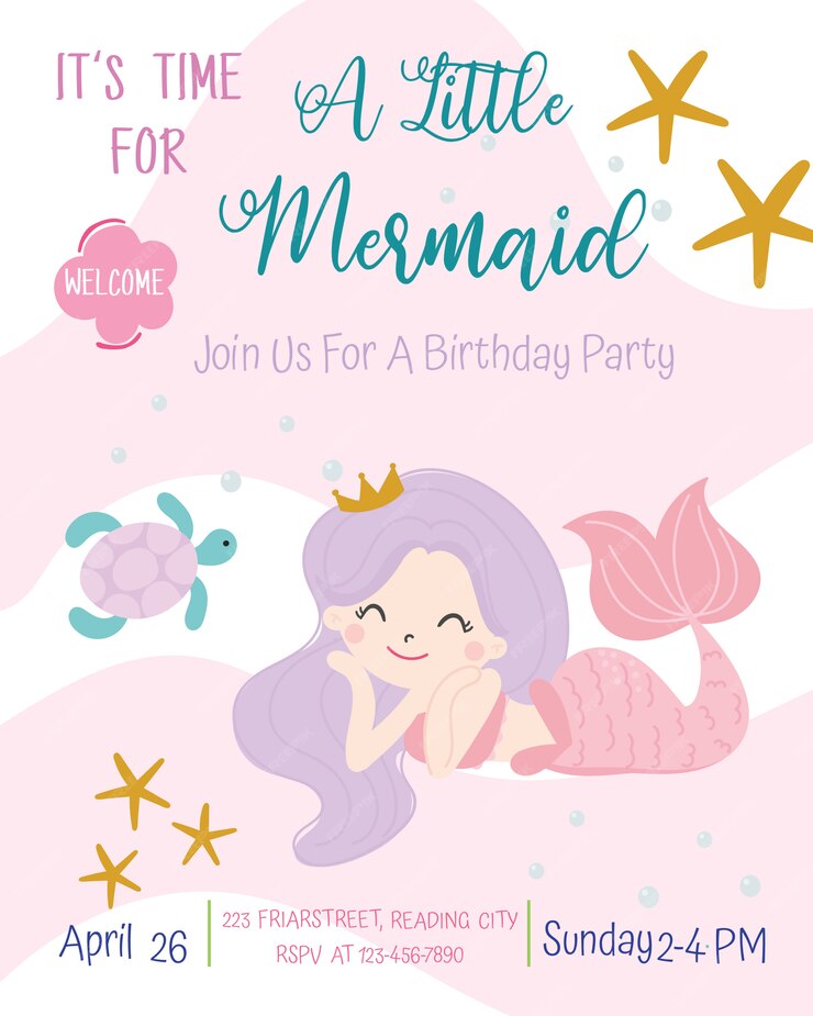 Premium Vector | Cute mermaid theme birthday party invitation card ...