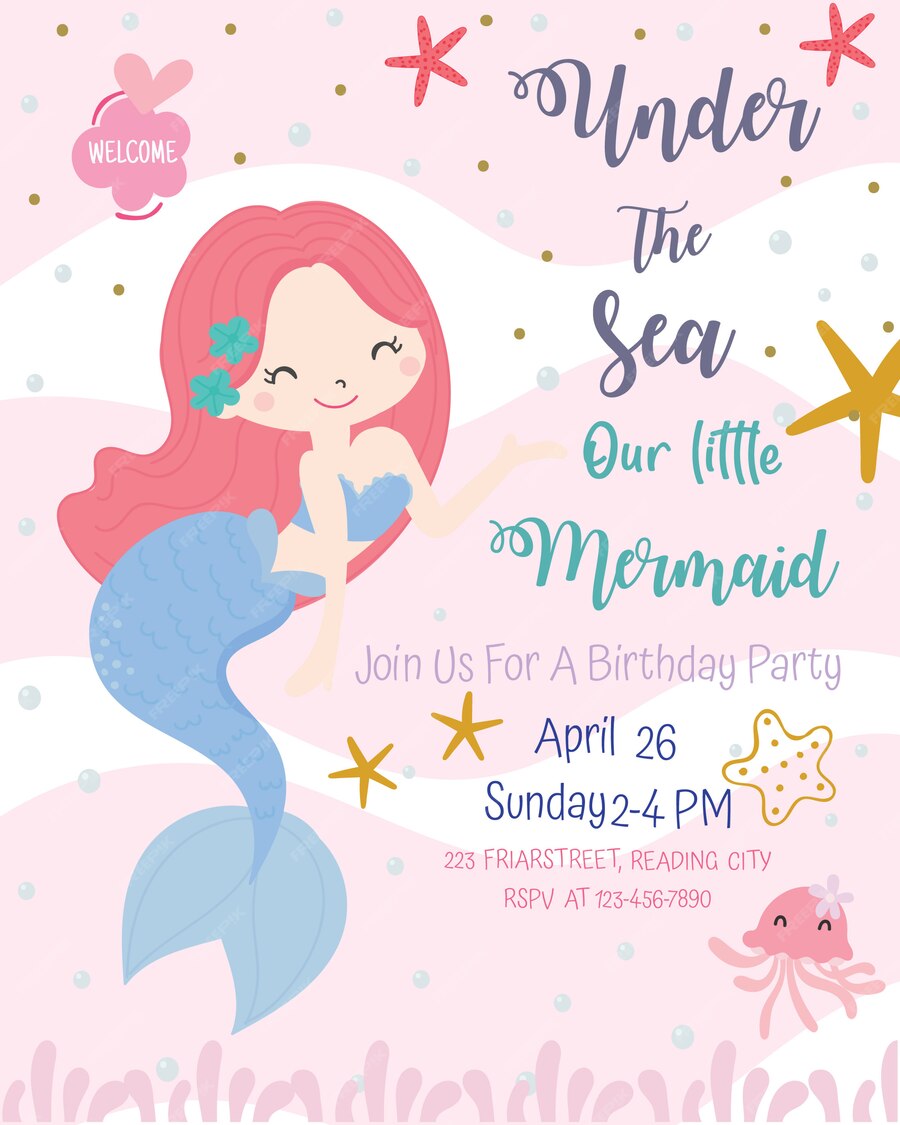 Premium Vector | Cute mermaid theme birthday party invitation card ...