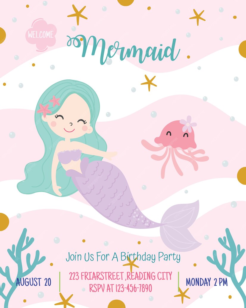 Premium Vector | Cute mermaid theme birthday party invitation card ...