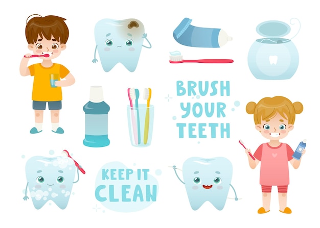 Premium Vector | Dental hygiene cartoon set with kids and teeth dental ...