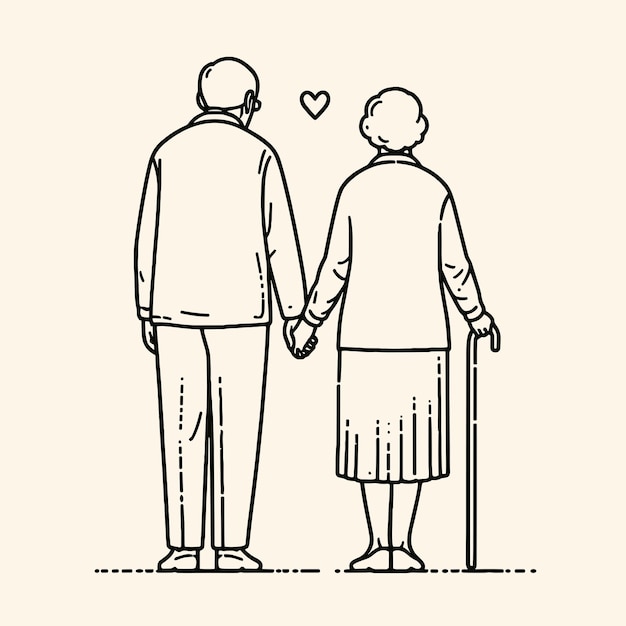 Premium Vector | Elderly men and women holding hand back view vintage ...