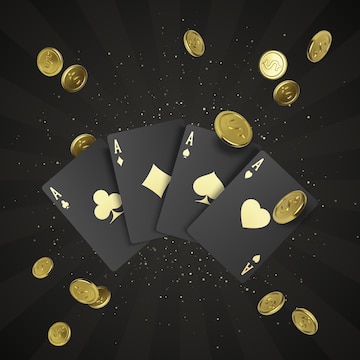 Premium Vector | Four black poker cards with gold label and falling ...