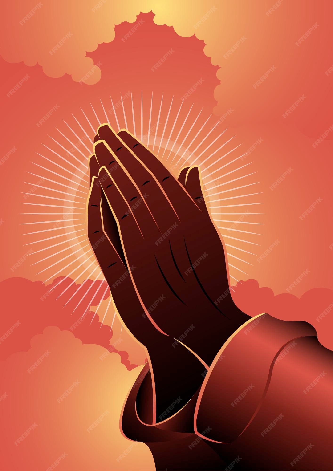 Premium Vector | An illustration of praying hands on red clouds background.  biblical series