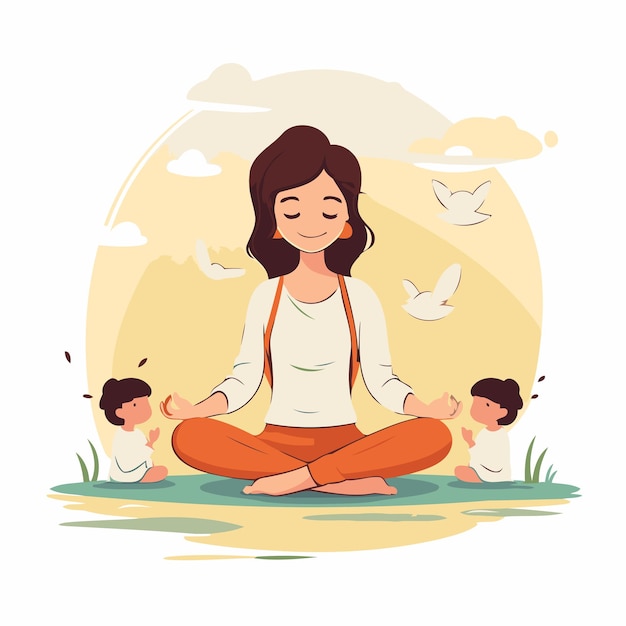 Premium Vector | Mother and children meditating in lotus position flat ...