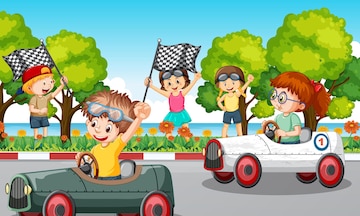 Premium Vector | Park scene with children racing car