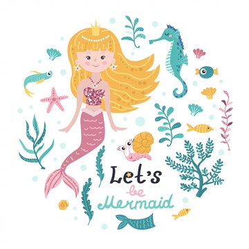 Premium Vector | Poster with mermaid, sea animals and lettering