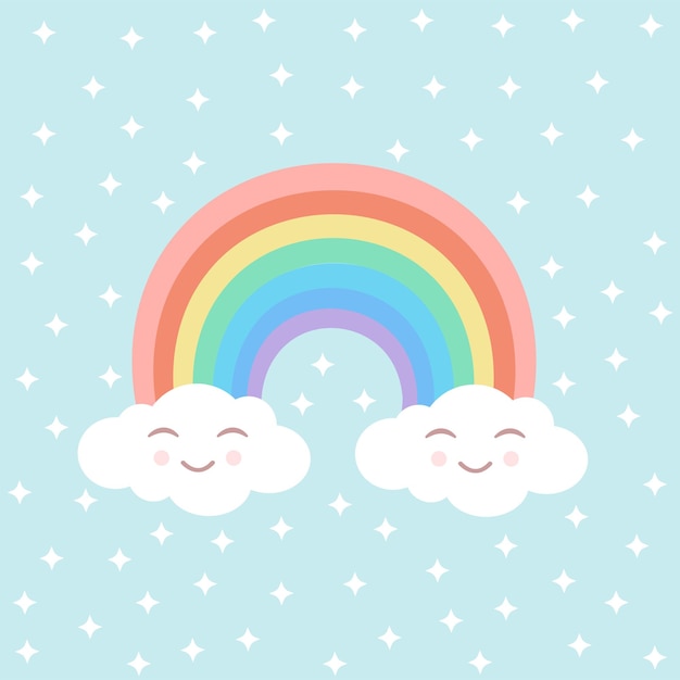 Premium Vector | Rainbow with cute clouds and white stars on an ...