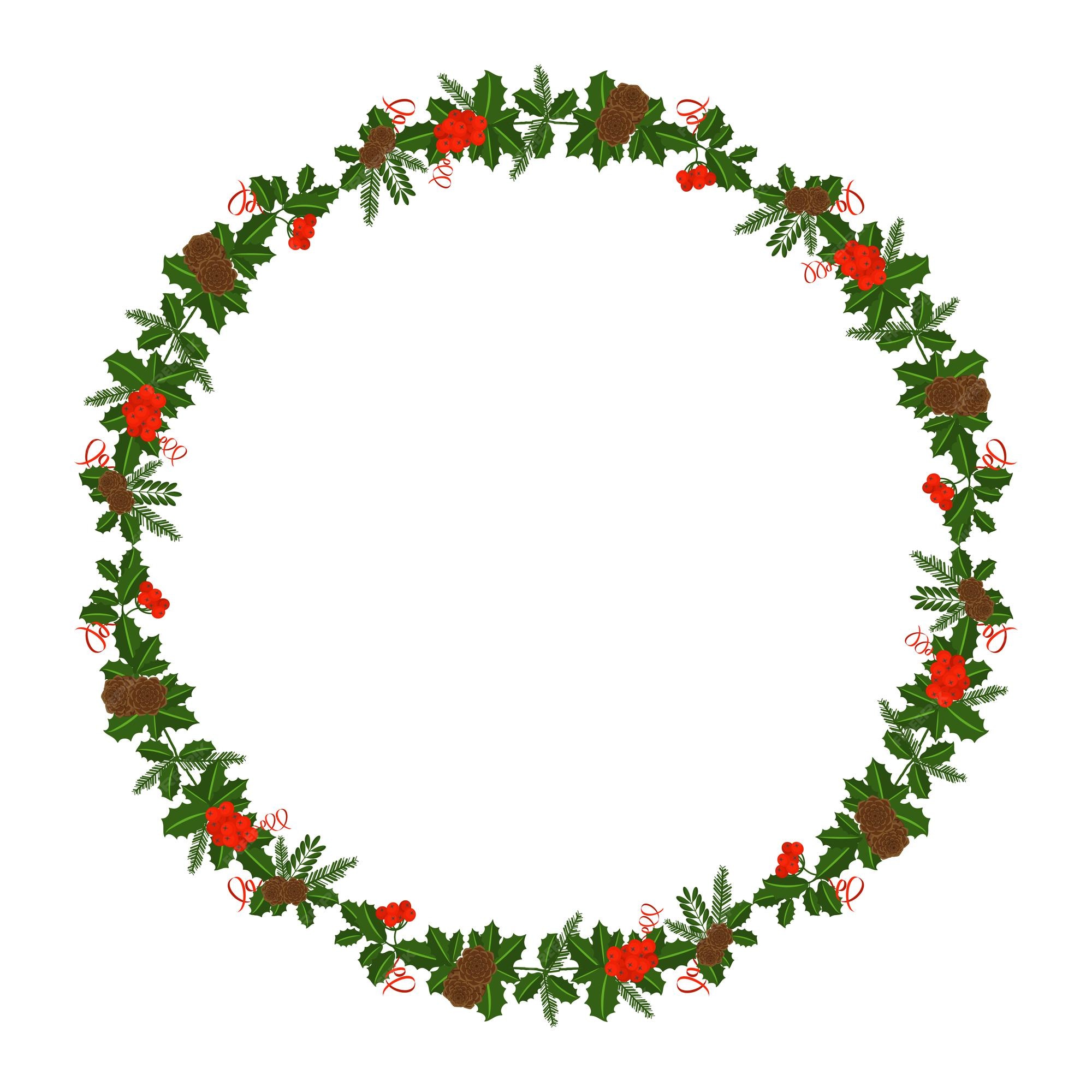 Premium Vector | Round frame with holly berry, pine branch and cones ...