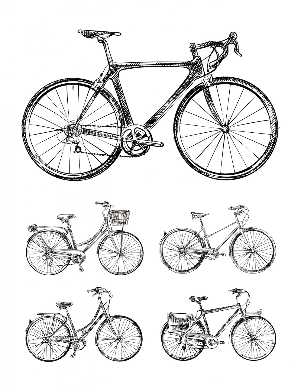 Premium Vector | Set of various bikes, bicycles hand drawn sketches